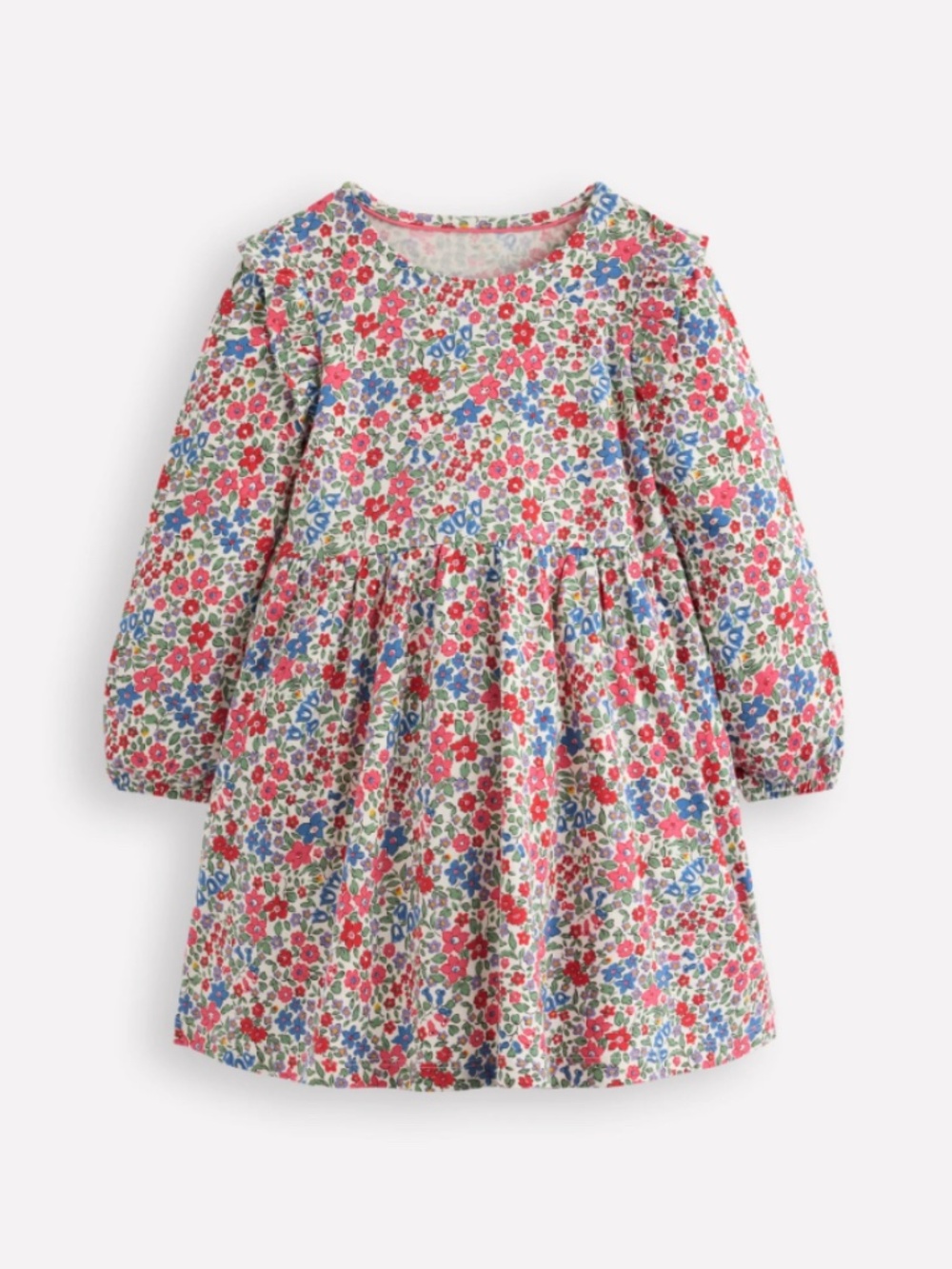 Mini Boden - Red & Blue Flowerbed Posie Long Sleeve Jersey Dress, Size 8-9y
